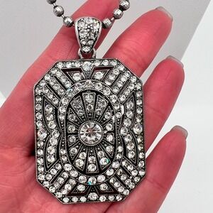 PA Art Deco Rhinestone Pendant Necklace –‎ Geometric Crystal Statement 19.5"